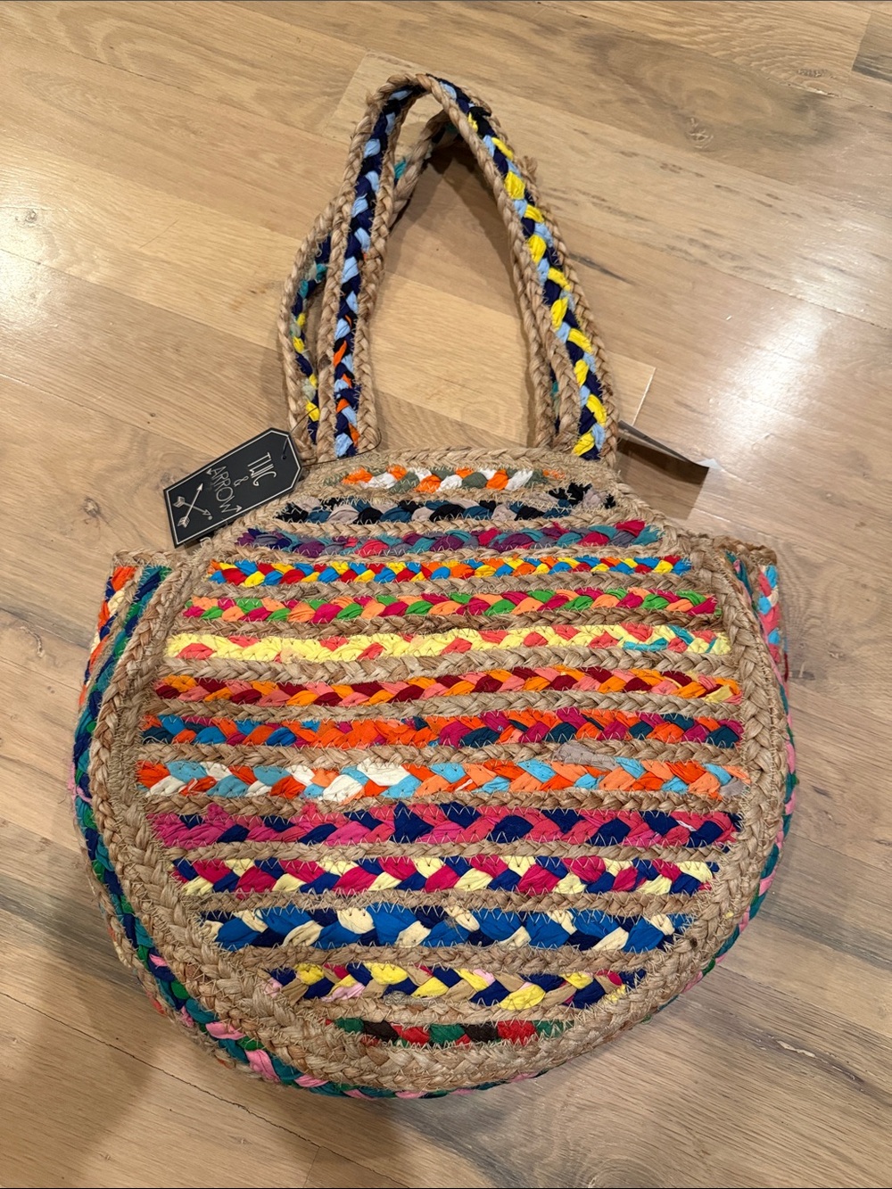 Round Multicolor Braided Straw Tote Bag